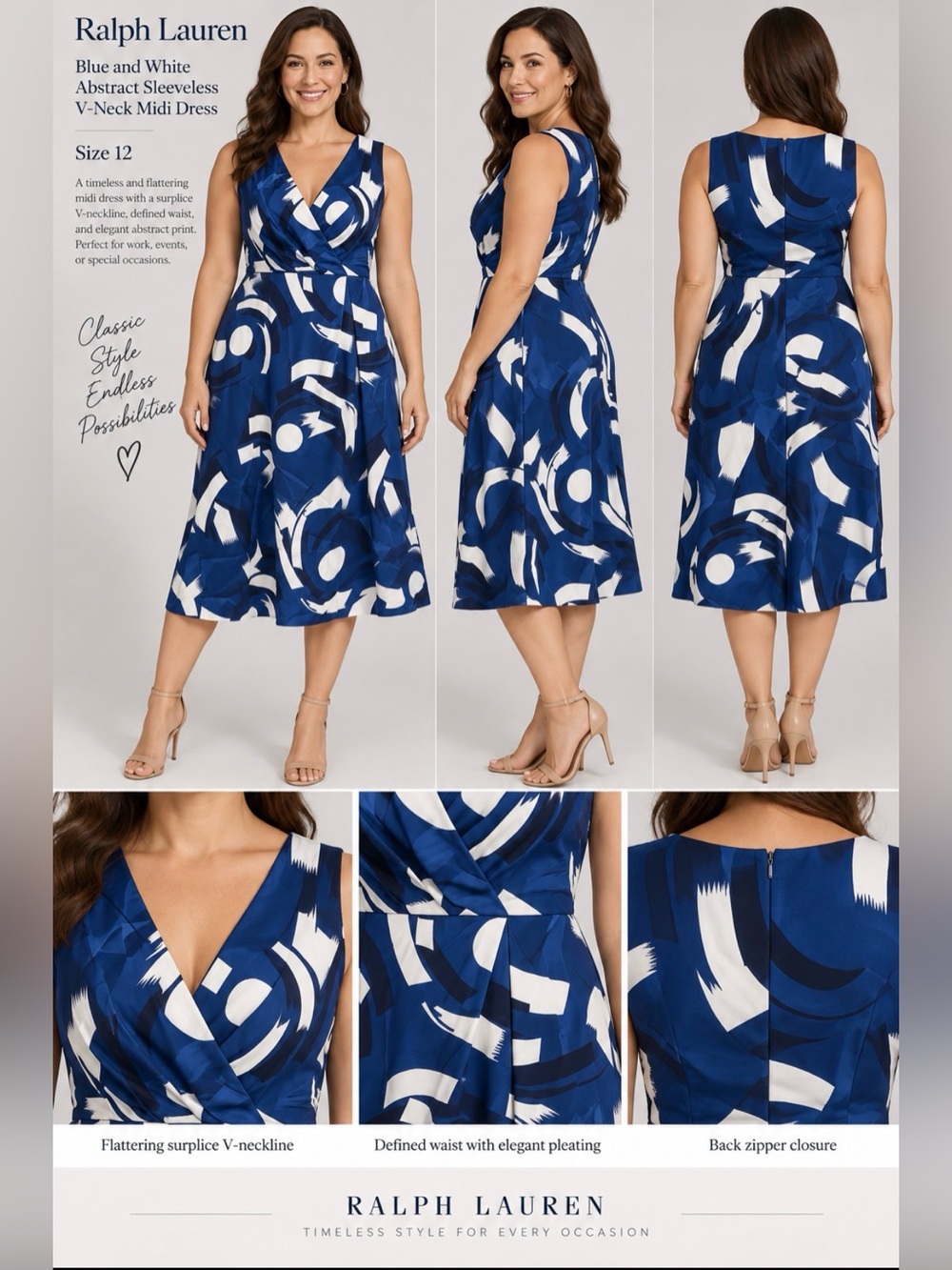 Ralph Lauren Blue and White Abstract Sleeveless V‑Neck Midi Dress